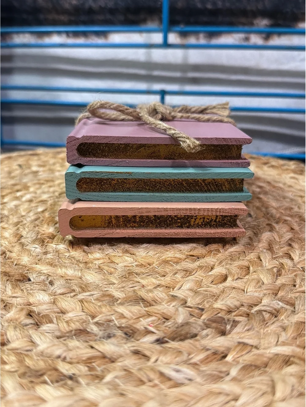 Set of 3 Decorative Wooden Books with Rope Tie in Pastel Colors